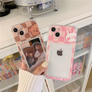 Casing for iPhone 13 12 11 Pro SE 2020 Xs Max X XR 7 8 Plus Ins Bear Rabbit Cute Card Slot Cellphone Cases Soft Transparent Mobile Phone Case Protective Cover