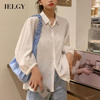 IELGY French style shirt solid color top three-quarter sleeves gentle style POLO collar white Loose casual