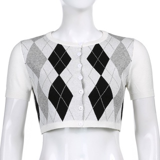 Crop Tops Knitted Cardigan Shirt Women Style Short Sleeve Plaid T Shirt Ladies Knitwear White L (5)