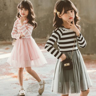 Kimi - vestido de mujer de moda para bebé, manga larga, empalme de malla, vestidos de rayas, princesa, vestido de niña, para 1-8 años