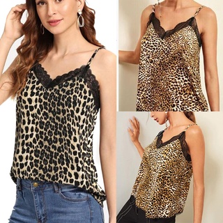 Women Lady Sleeveless Leopard Lace V Neck Vest Fashion Top for Summer Beach Party