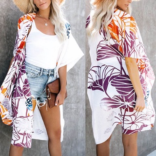 Women Print Chiffon Beach Kimono Long Cardigan Blouse Shawl Loose Tops Cover Up