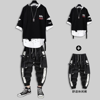 mono masculino estudiante de manga corta t-shirt un conjunto de cinco puntos de manga traje hip-hop marea marca deportes casual pantalones de nueve puntos pantalones (2)