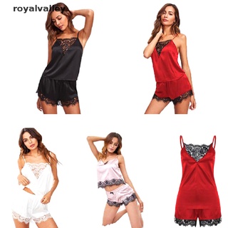 Royalvalley 2Pcs Women Sexy Satin Lace Sleepwear Babydoll Lingerie Nightdress Pajamas Set CO