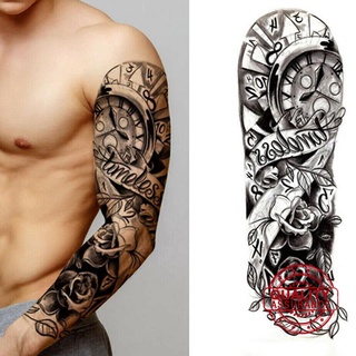 Cool Long Full Arm Rose Clock Temporary Tattoos For Men Body Leg Large Makeup Tattoo Art Women E6R4