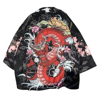 Verano Kimono Unisex media manga estilo chino flor dragón patrón de protección solar Chamarra Cardigan Kimono (5)