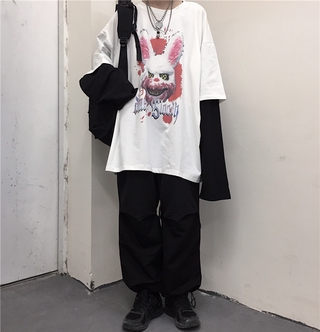 M-7xl versión de ins Harajuku estilo de dibujos animados conejo impresión empalme de manga larga camiseta pareja otoño suelto salvaje falso ropa de dos piezas (4)
