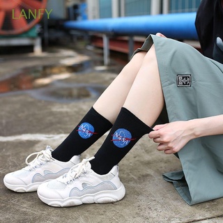 Lanfy macho deporte rayas letra mujer algodón NASA calcetines de tubo medio calcetines