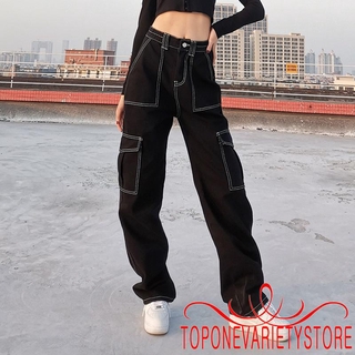 topq-mujer recta ancho pierna jeans, moda hip hop estilo cintura alta relajado ajuste pantalones de mezclilla