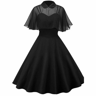 Mujer Retro Gótico Negro Vestido Otoño Capa Manga Cuello Hepburn Elegante Vestidos De Fiesta