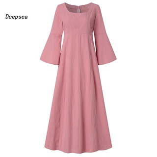 dpa retro mujer o cuello manga larga color sólido dobladillo grande algodón lino maxi vestido (7)
