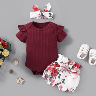 [xhsa]-mono de bebé niñas volantes sólido mameluco+pantalones cortos florales+atuendos de diadema
