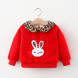 Winter 2021 Girls' Top Cute Bunny Fashion Solid color small floral doll lapel Children's Thick winter dress for girls aged 9 months to 3 years