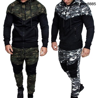 [Dm MJkt] Chic hombres camuflaje impresión Casual deporte cremallera abrigo con capucha pantalones traje chándal