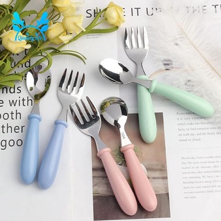 [En Stock] tenedor y cuchara de acero inoxidable para niños, tenedor y cuchara, juego de cubiertos para niños, mango redondo para bebé