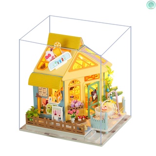 Rx DIY juguete casa de muñecas leche tienda de té miniatura montar casa de muñecas kit con muebles con luz y música juguetes de cumpleaños