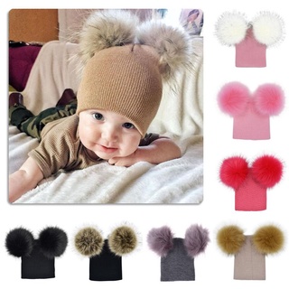 Algunos niños caliente sombreros de invierno doble piel Pom Pom Beanie lana sombrero de punto bebé niños niñas dos bolas de mapache sombrero (1)