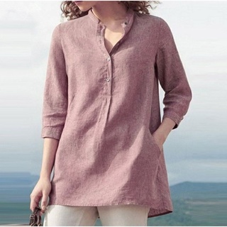 Yar_camisa De algodón De algodón/lino/Manga 3/4 con bolsillos/botones/color sólido/talla grande (3)