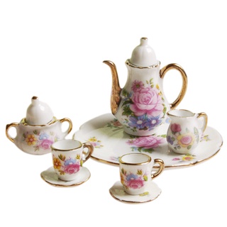 CHARMS [yhangzha_as] Juego de 8 piezas de rosa rosa patrón de flores encantos plato plato taza de té Set para 1/6 casa de muñecas miniatura cocina comedor decoración