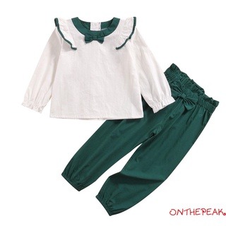 Ont-girls Casual de dos piezas conjunto de ropa, blanco cuello redondo jersey y verde ejército cintura elástica pantalones
