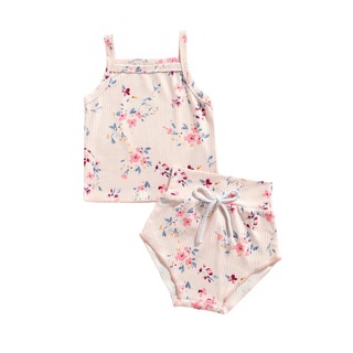 ✮Gi✿Conjunto de ropa de dos piezas para bebés, estampado Floral, cuello barco, camisola y pantalones cortos de cintura alta