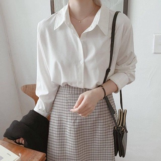 Casual camisa negro/blanco estilo Turn-down cuello mujeres Kemeja blusa de manga larga verano Tops suelto