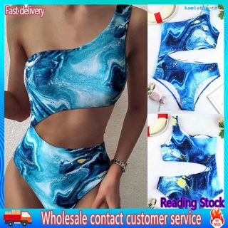 un hombro de cintura alta impresión azul hueco de las mujeres de una sola pieza traje de baño bikini para la piscina