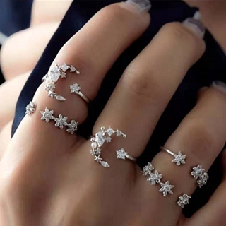 5 unids/set bohemia flores de cristal luna estrella anillo de dedo conjunto de moda de plata de ley 925 conjunto de nudillos anillos de diamantes mujeres anillo de apertura ajustable