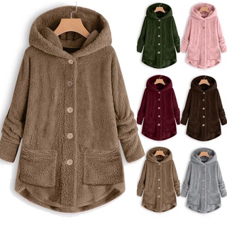 fuhuangya - chaqueta suelta para mujer, tamaño grande, botón de felpa, chaqueta de lana, abrigo de invierno