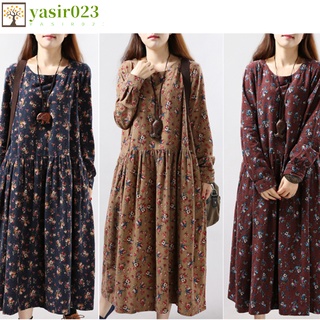 yasir023 Women Maternity Dress Soft Skin-friendly Comfortable Breathable Loose Clothes Crew-neck Long-sleeved Floral Printing Long Skirt
