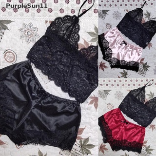 Conjunto De Pijama moradosun 2 pzs Babydoll De encaje para mujer+pantalones cortos
