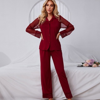 2021Ropa de hogar de Color sólido de malla de encaje de manga larga pantalones pijama traje punto exclusivo