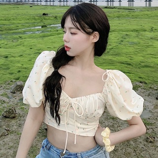 Mujer Cuello En V Blusa Floral Impresión Dulce Expuesto Ombligo Puff Camisa De Manga Corta (8)