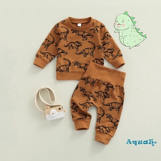 Aqq-cool bebé niño dinosaurio conjunto, manga larga cuello redondo Tops elástico cintura alta impreso pantalones largos, ropa de niños