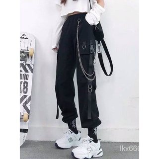 YL🔥 Spot 🔥Mujer pantalones de carga de cintura alta moda Punk bolsillos Jogger pantalones Harajuku Streetwear pantalones sueltos con cadena
