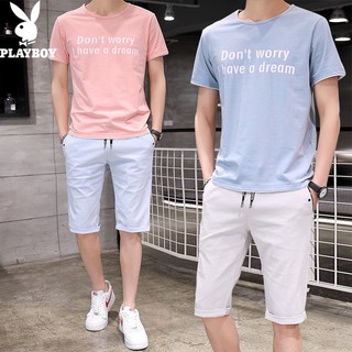 Nuevo playboy traje de los hombres de verano casual deportes de manga corta camiseta de cinco puntos pantalones versión de la delgada tendencia de dos piezas