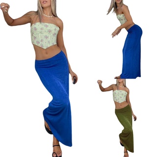 ❈Vm✿Mujer Casual cintura alta falda ajustada verano personalidad Color sólido estiramiento falda larga