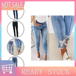 ope_ imitación perla decoración lápiz jeans cintura alta bolsillos mujeres jeans bodycon streetwear