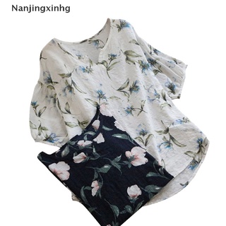[nanjingxinhg] más el tamaño de las mujeres de lino de algodón floral tops señoras verano holgado camisetas blusa [caliente] (6)