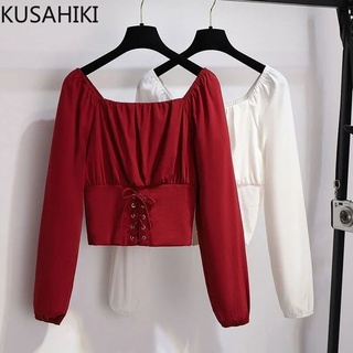 Kusahiki vendaje delgado cintura corta mujeres Tops manga larga cuello cuadrado blusa otoño 2021 nueva elegante Blusas camisa 6Z310