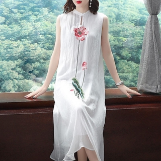 Las mujeres de estilo de vestir de las mujeres retro versión mejorada de la industria pesada bordado largo sin mangas gasa vestido literario Hanfu verano