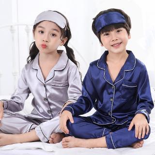 Solapa De Seda De Satén Niño Niña Pijamas Conjunto De Sin Máscara De Ojos Niños De Manga Larga Baju Tidur Kanak Budak Perempuan