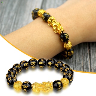 Feng Shui Black Stone Bracelet Carved Alloy Beads with Traditional Chinese Beast Decor Blessing Lucky Wrist Jewelry