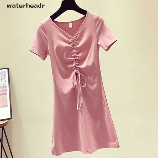 (waterheadr) cordón v-cuello de manga corta camiseta de las mujeres mediados vestido de verano de color sólido en venta