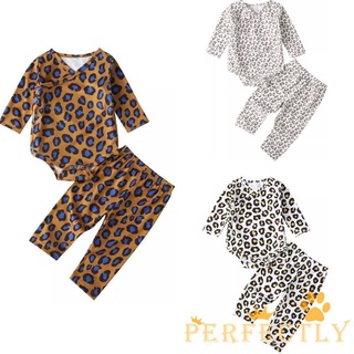 Pft7-Zz conjunto de trajes de bebé recién nacido, estampado de leopardo de manga larga cuello redondo mameluco + pantalones largos conjuntos