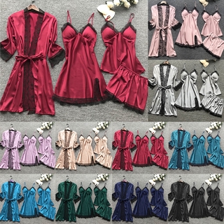 Las mujeres de satén pijama conjuntos de 4 piezas de seda ropa de dormir pijama tirantes de espagueti encaje pecho almohadillas ropa de dormir pijamas 2020