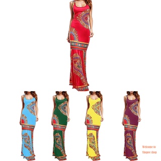 mujer sin mangas delgado vestido impreso étnico cuadrado corte falda larga verano tobillo longitud maxi vestido para viajes diarios (3)