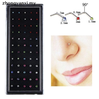 [Zhongyanxi] 60 pzs/juego de piercings de acero inoxidable CZ cristal en forma de L para nariz/pernos para la nariz