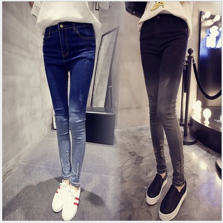 Mujer cintura alta Slim Fit Stretch Ripped Hole Jeans elástico lápiz pantalones