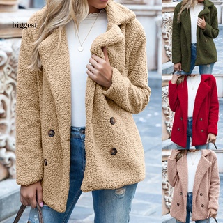 bigg_mujer invierno color sólido abrigo de forro polar de imitación de manga larga botones chaqueta ropa de abrigo